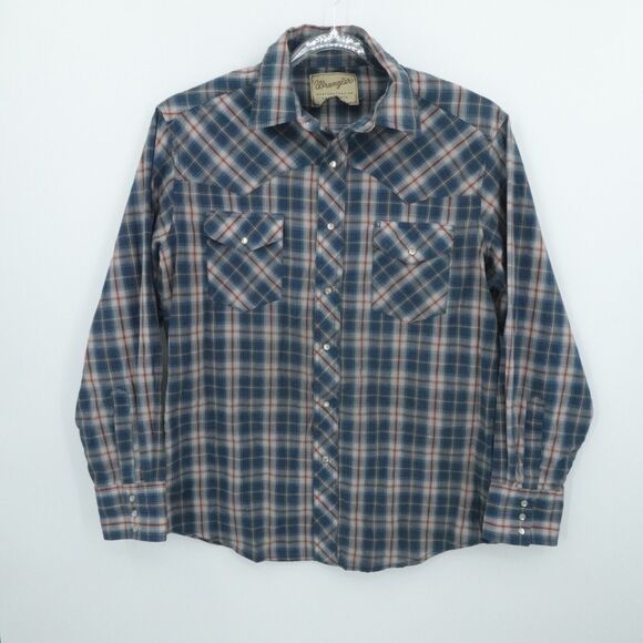 Wrangler Shirt Men Extra Large Blue‎ Plaid Pearl Snap Western Rodeo Retro Cowboy - Picture 1 of 11